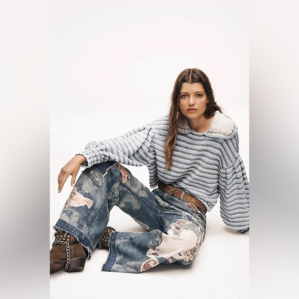 NWT Free People Frills Softspun Alpaca Striped Collared Sweater - Picture 7 of 12